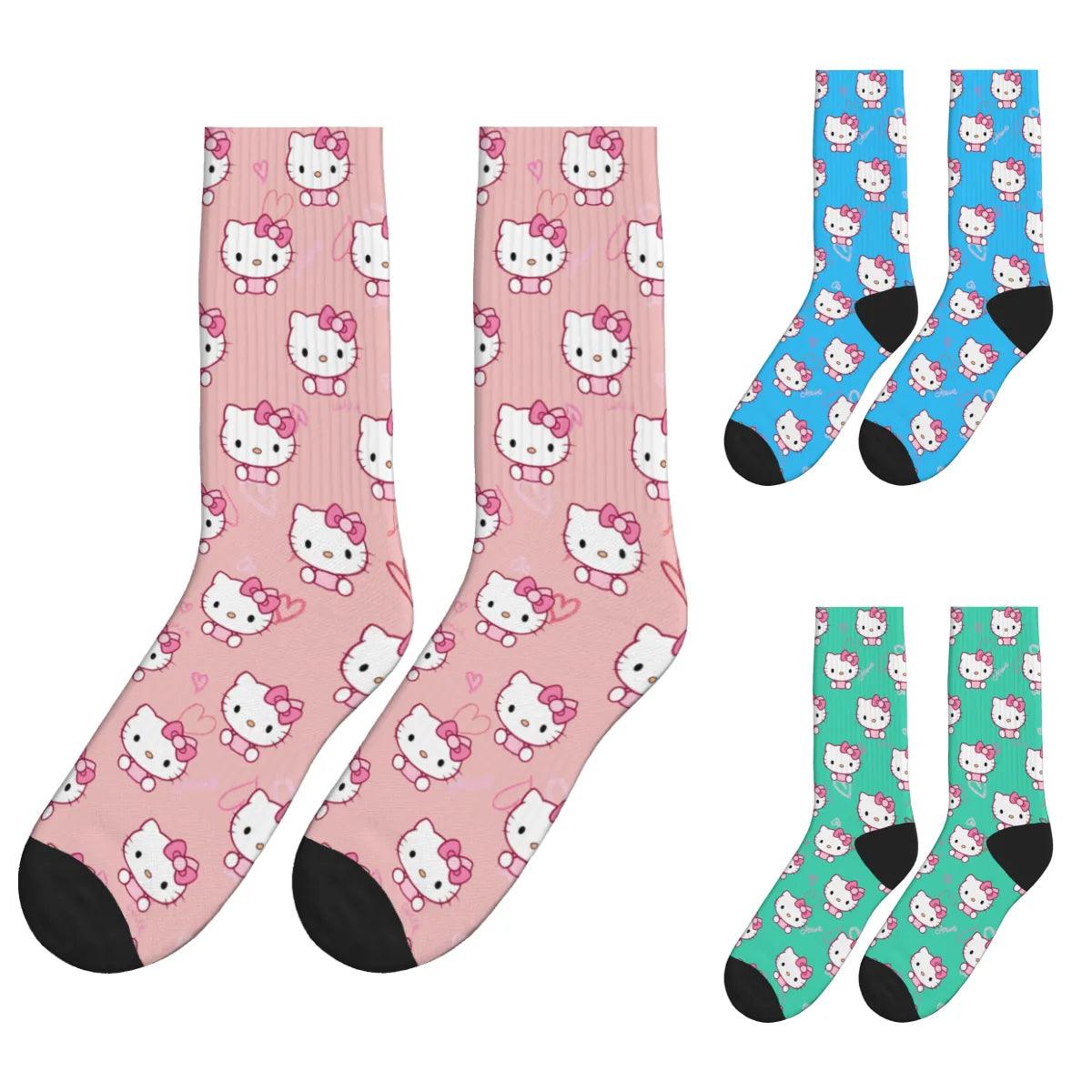 Cute Kitty Heart Socks - Blue, Green & Pink / Crew Socks