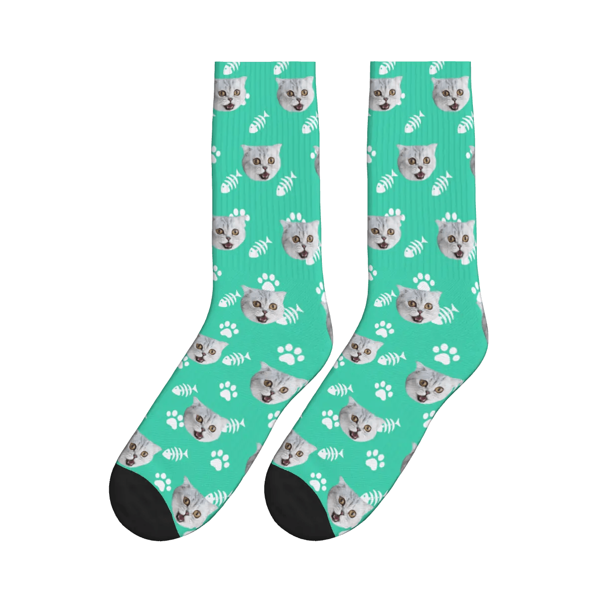 Cat Face, Fishbone, and Paw Print Socks - Green / Crew Socks