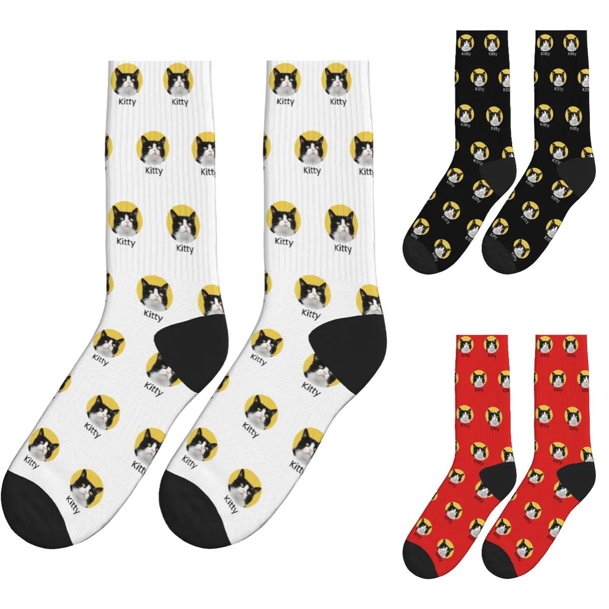 Cat Face & Name Socks - Black, White & Red / Crew Socks