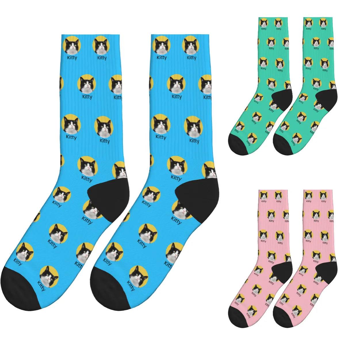 Cat Face & Name Socks - Blue, Green & Pink / Crew Socks