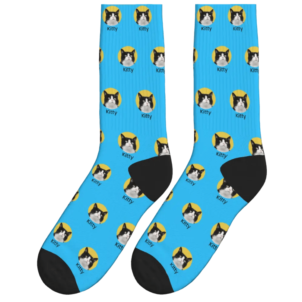 Cat Face & Name Socks - Blue / Crew Socks