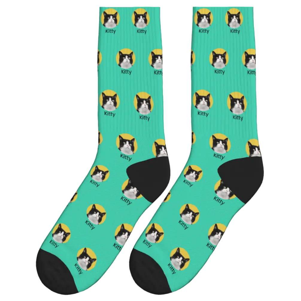 Cat Face & Name Socks - Green / Crew Socks