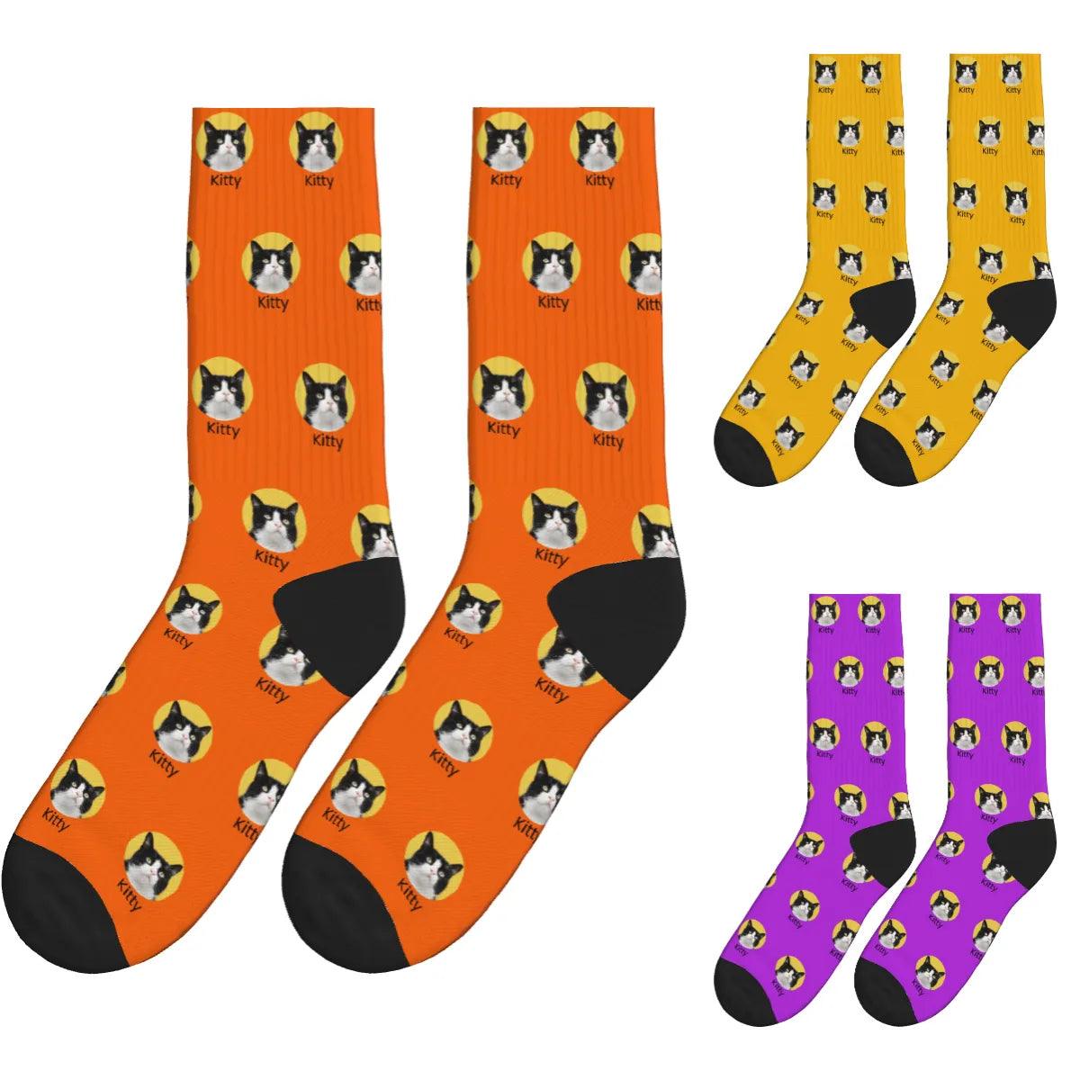 Cat Face & Name Socks - Orange, Yellow & Purple / Crew Socks