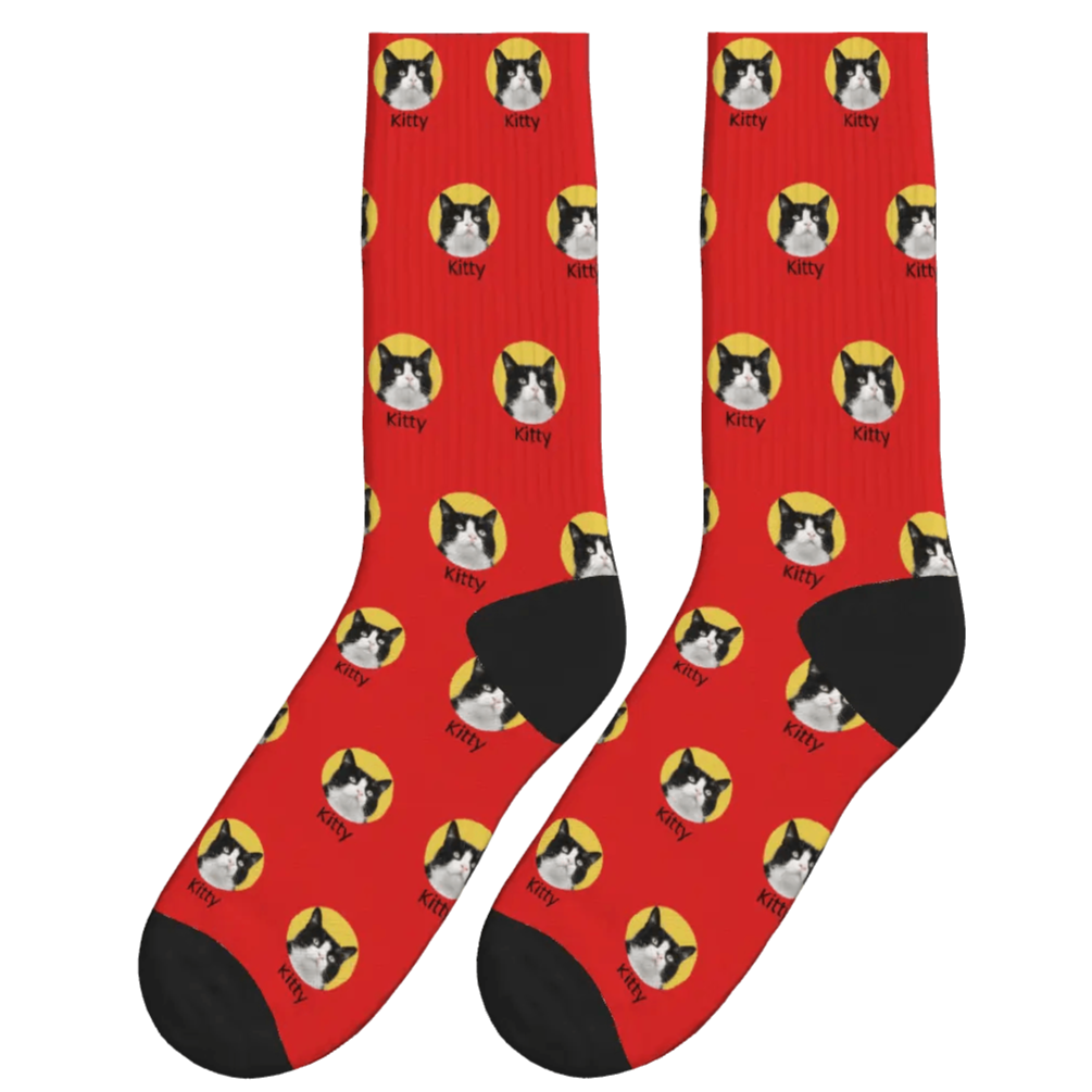 Cat Face & Name Socks - Red / Crew Socks