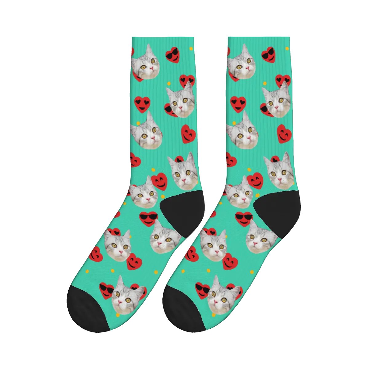 Cat Faces & Red Smiling Hearts Socks