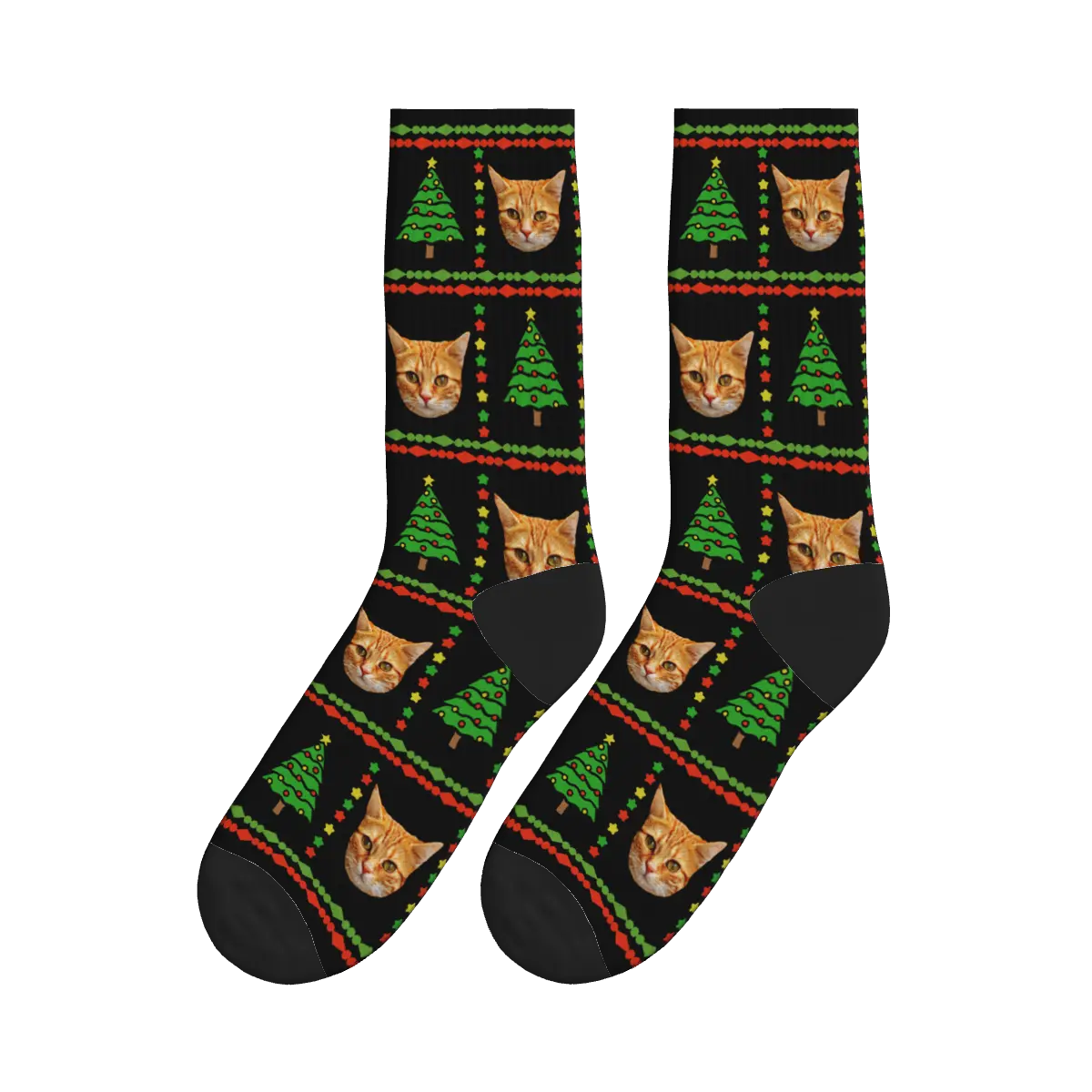 Cat Faces with Christmas Trees Socks