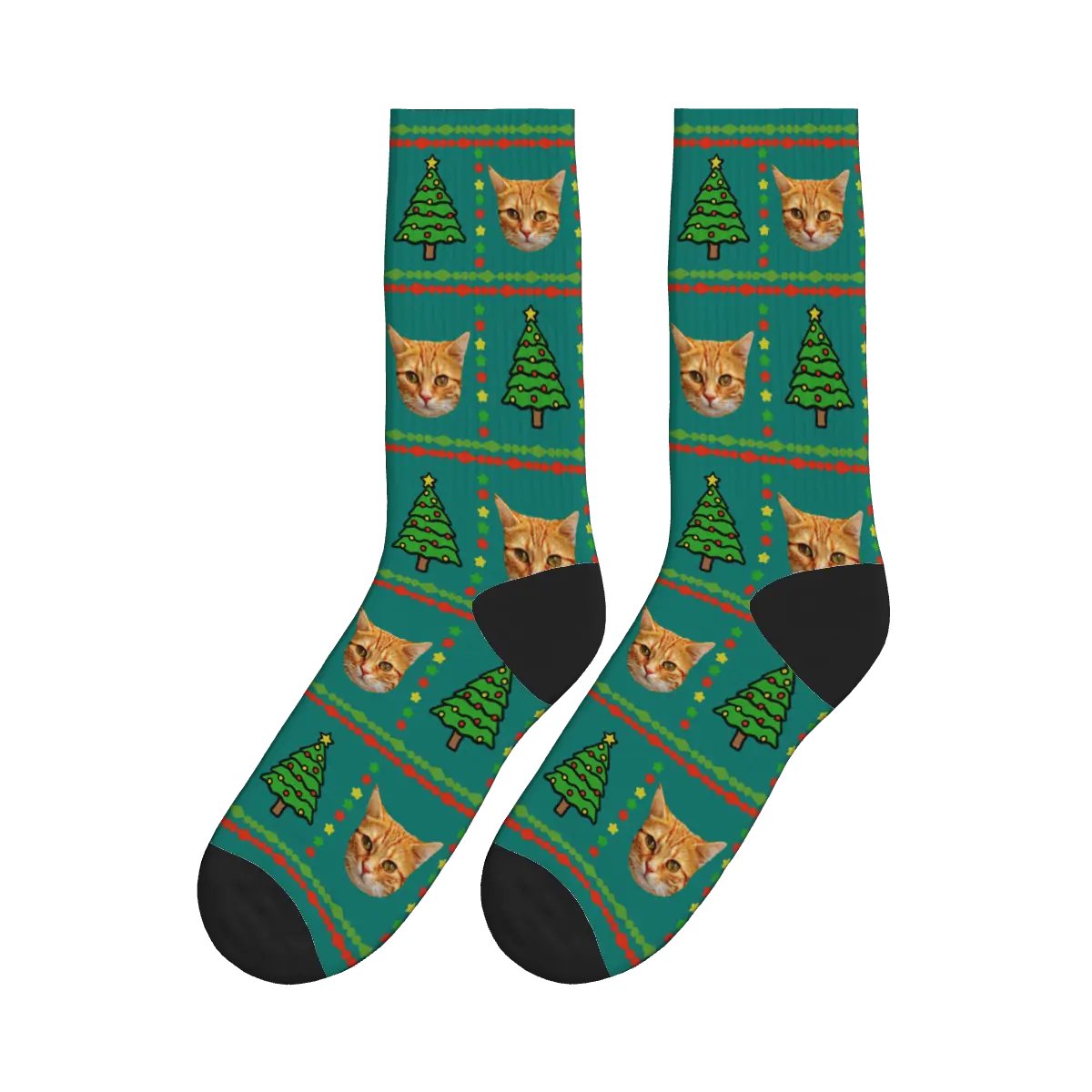 Cat Faces with Christmas Trees Socks