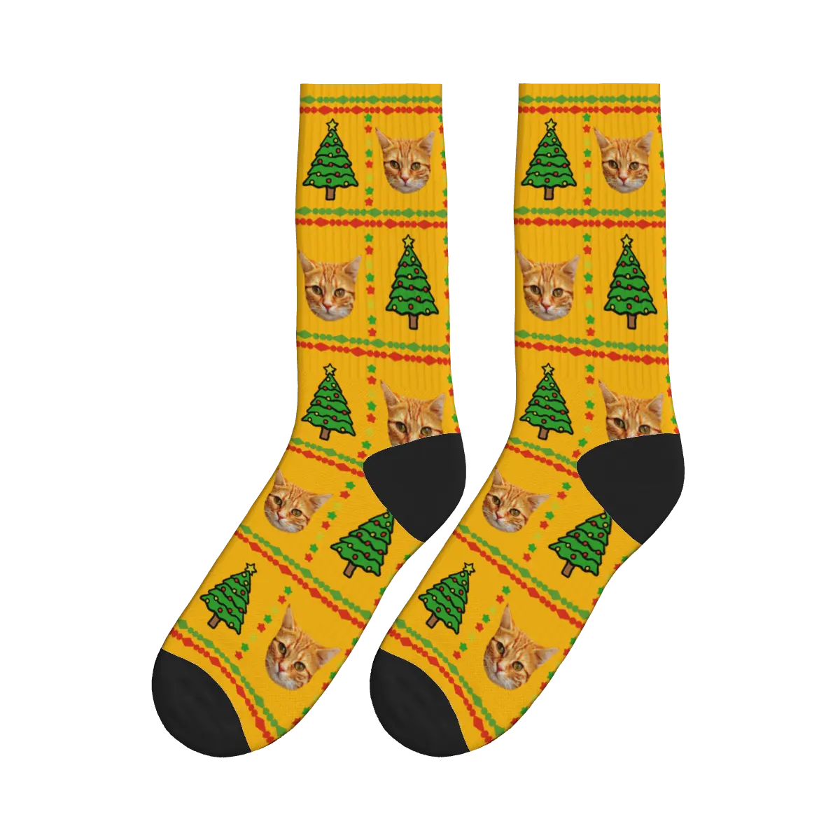 Cat Faces with Christmas Trees Socks