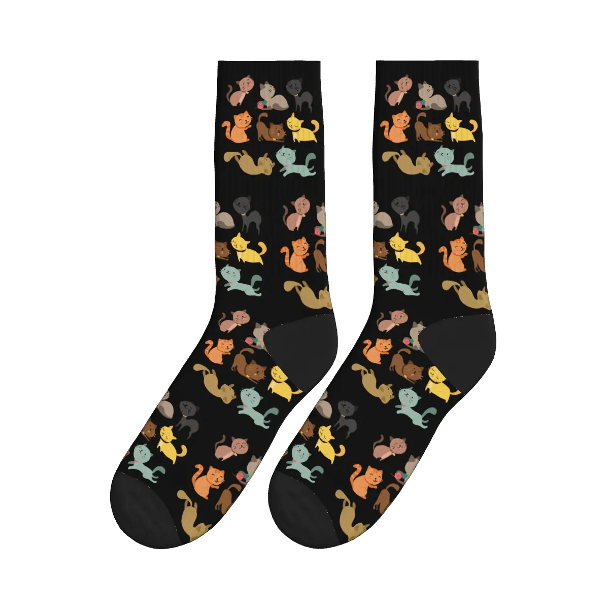 Coloured Cartoon Cats Frolicking Print Socks - Black / Crew Socks