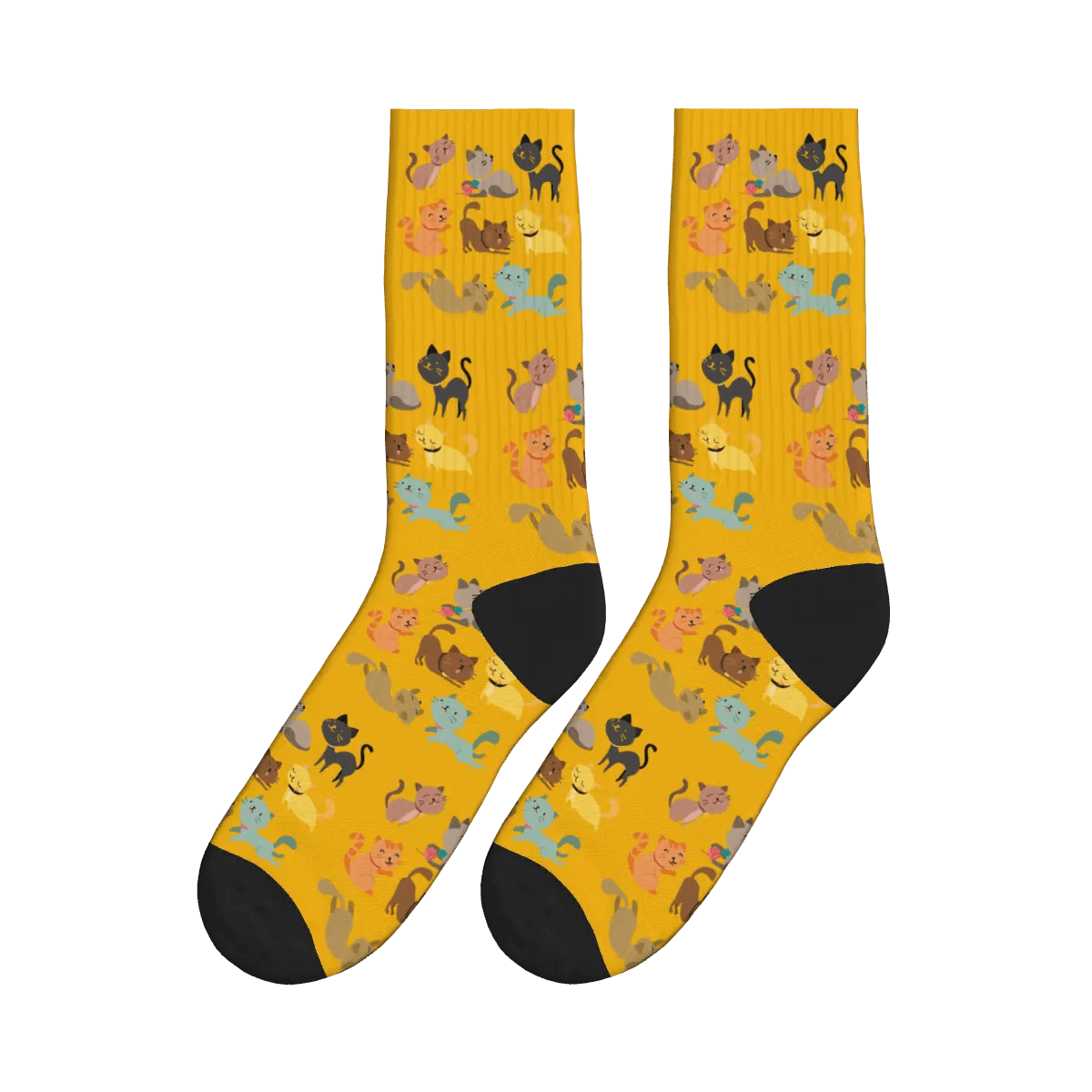 Coloured Cartoon Cats Frolicking Print Socks - Yellow / Crew Socks