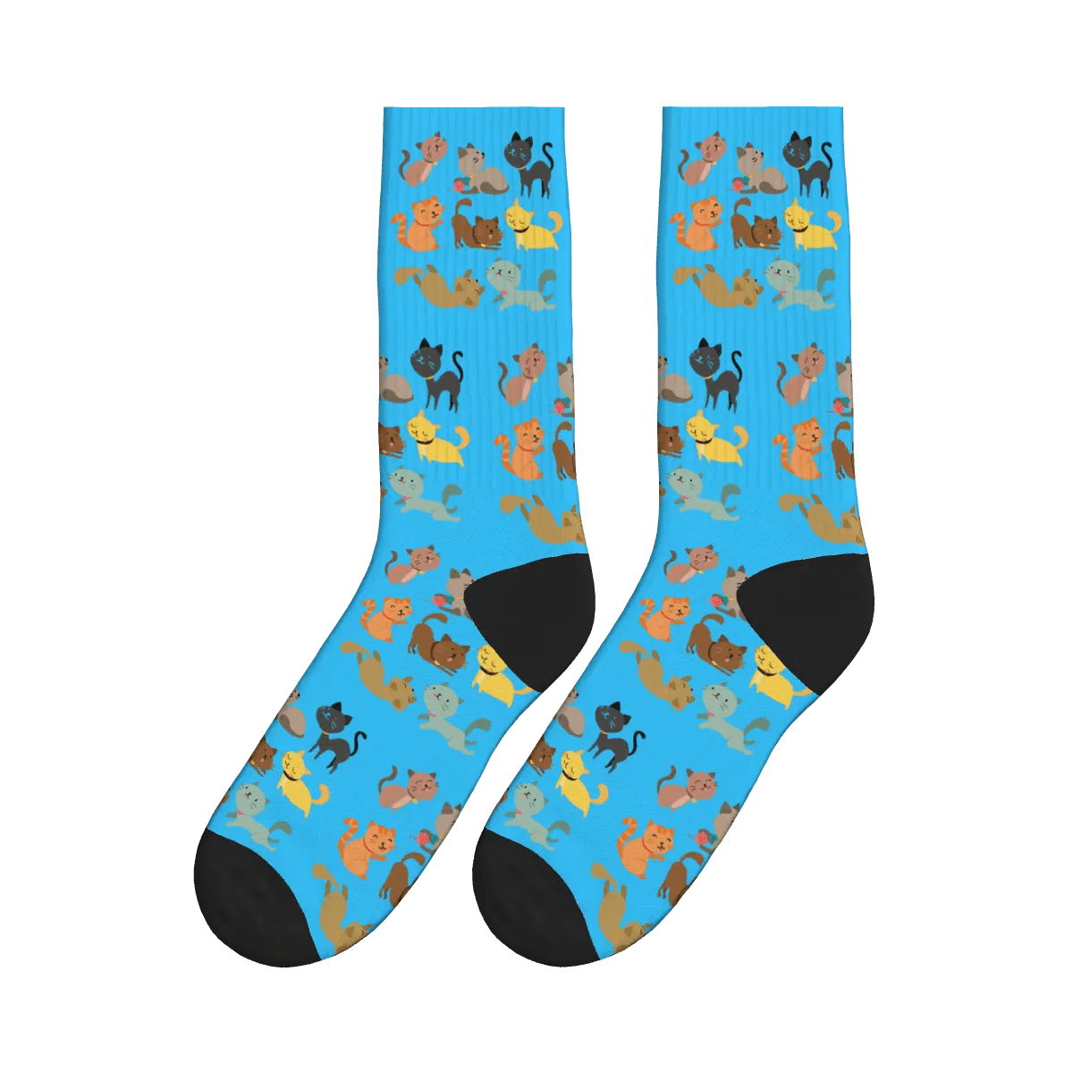 Coloured Cartoon Cats Frolicking Print Socks - Blue / Crew Socks