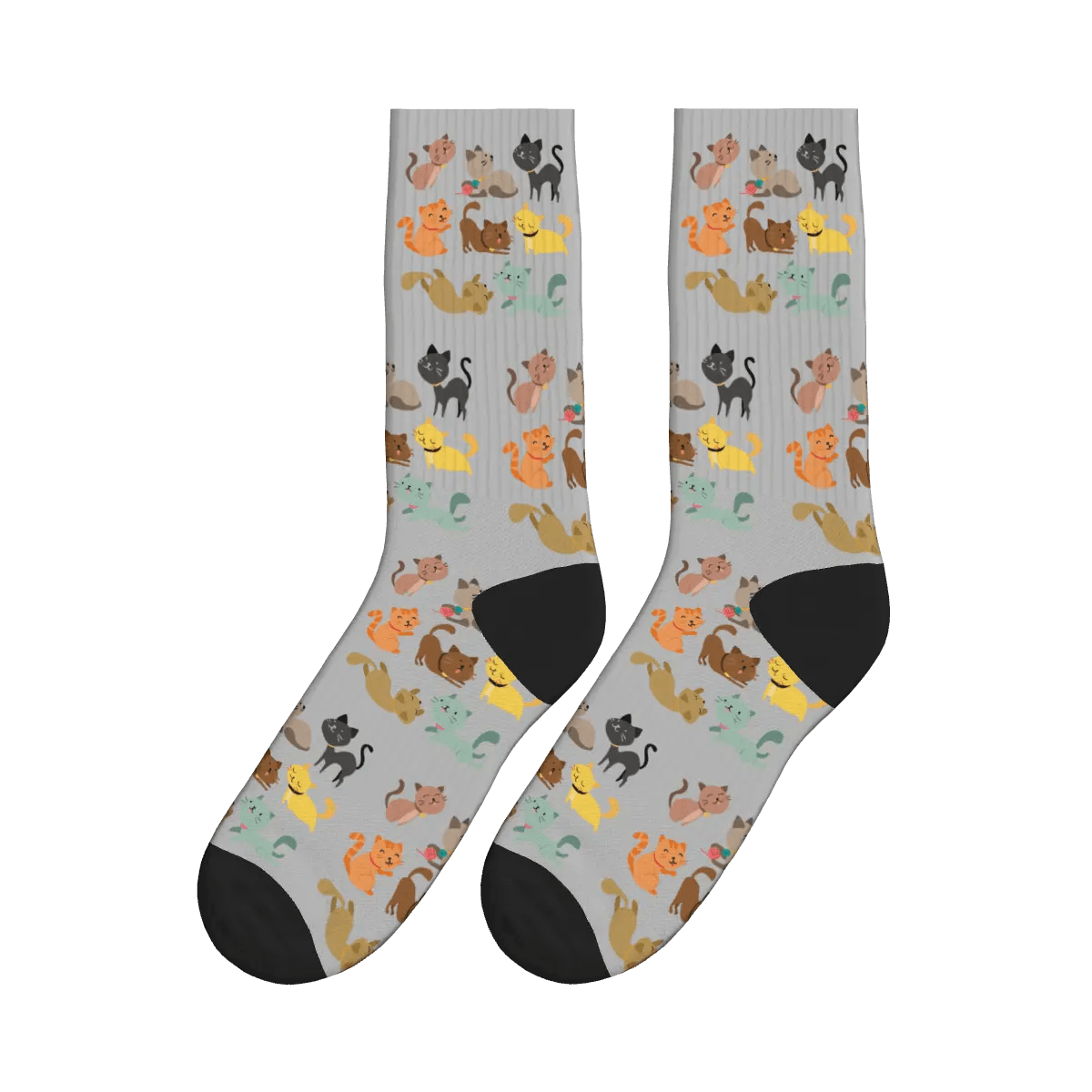 Coloured Cartoon Cats Frolicking Print Socks - Gray / Crew Socks