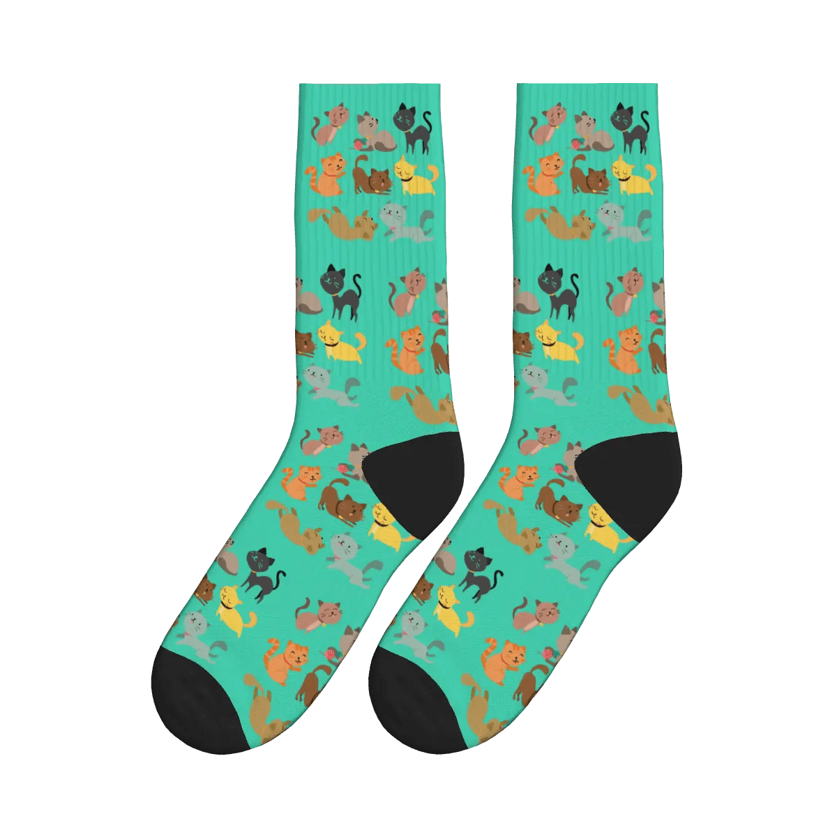 Coloured Cartoon Cats Frolicking Print Socks - Green / Crew Socks