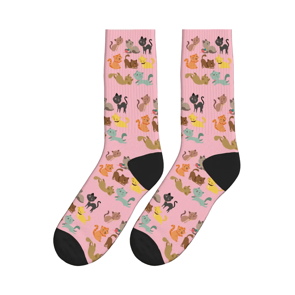 Coloured Cartoon Cats Frolicking Print Socks - Pink / Crew Socks