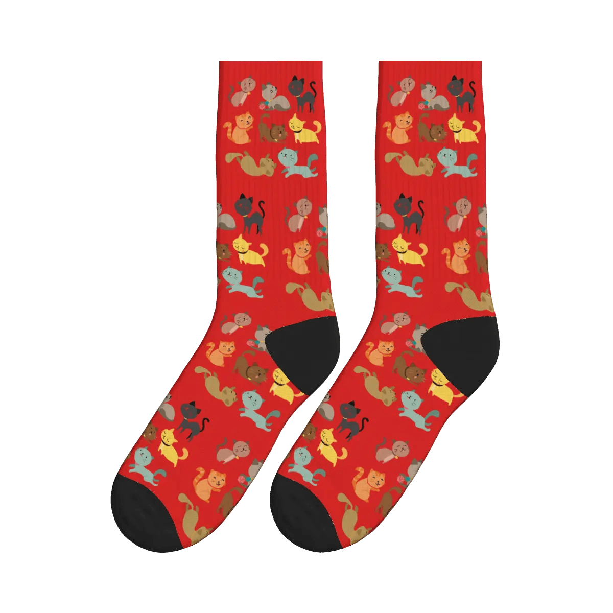 Coloured Cartoon Cats Frolicking Print Socks - Red / Crew Socks