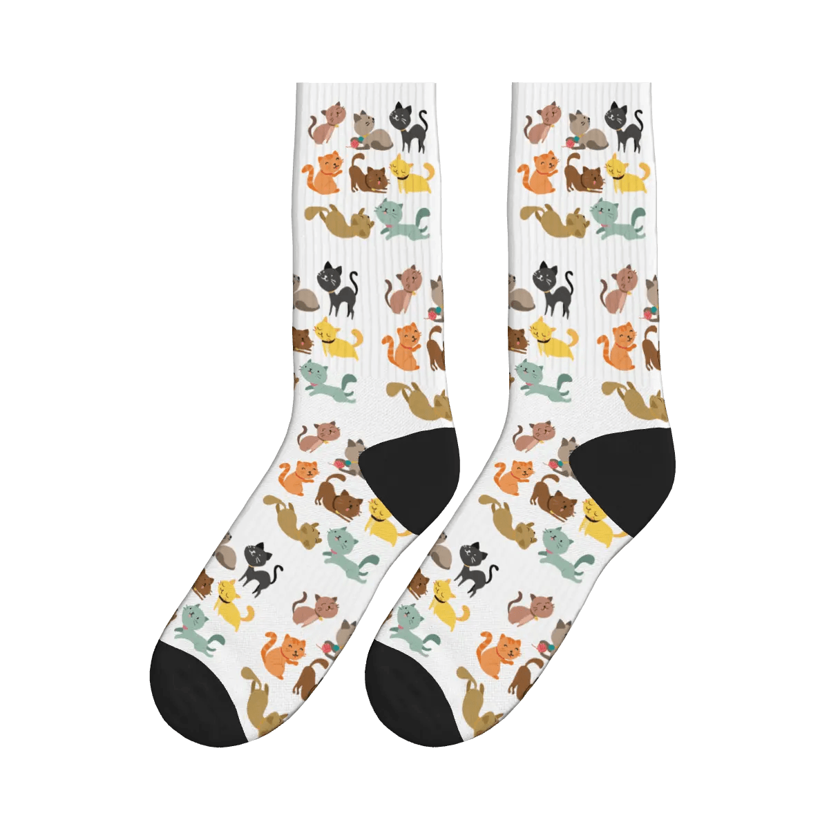 Coloured Cartoon Cats Frolicking Print Socks - White / Crew Socks