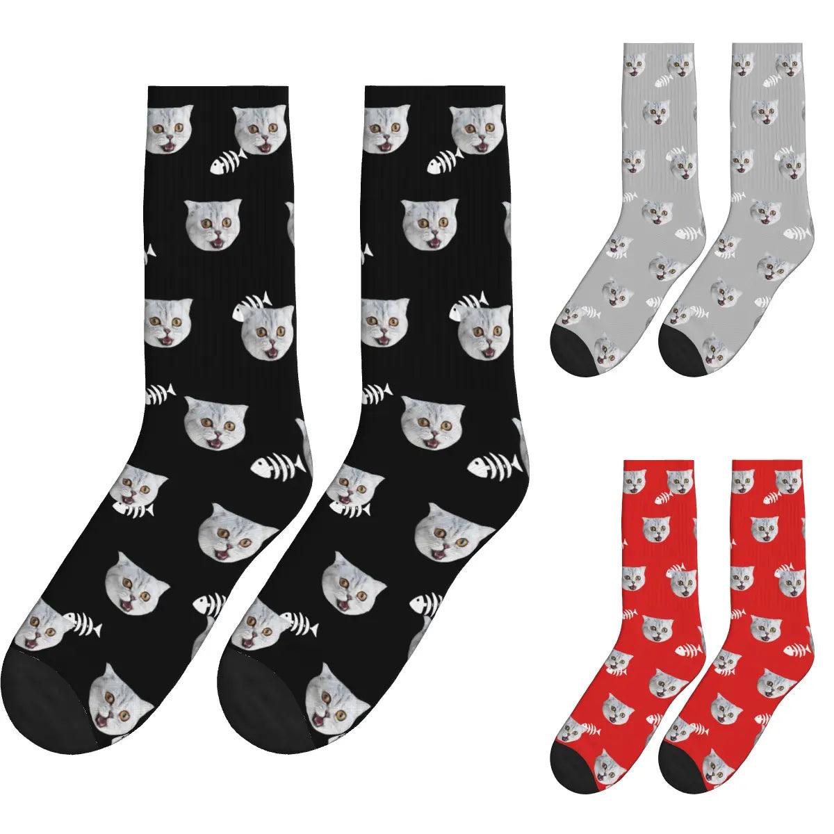 Cute Cat Face & Fishbone Print Socks - Black, Gray & Red / Crew Socks