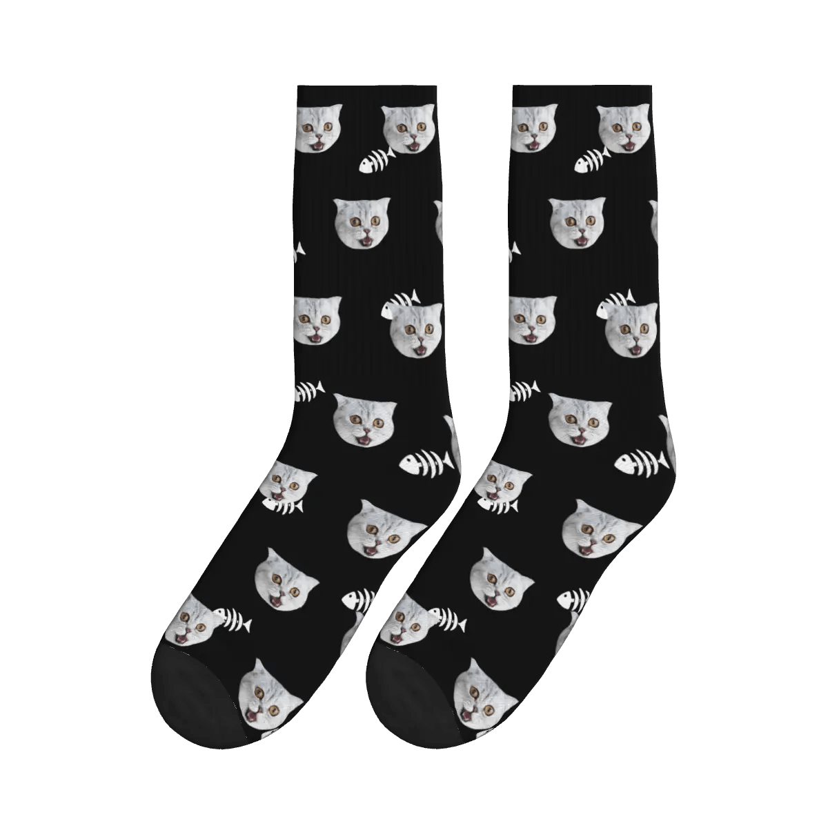 Cute Cat Face & Fishbone Print Socks - Black / Crew Socks