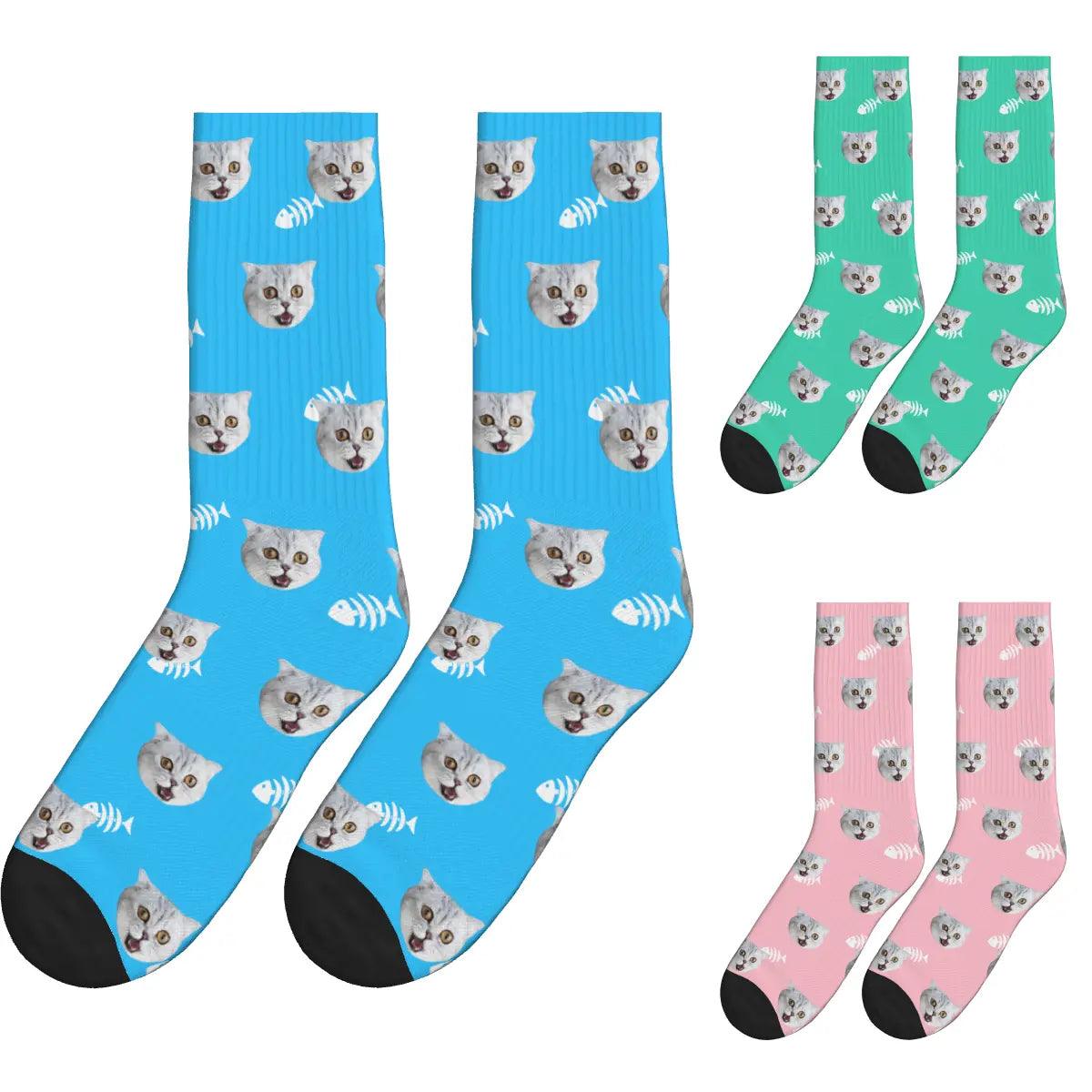 Cute Cat Face & Fishbone Print Socks - Blue, Green & Pink / Crew Socks