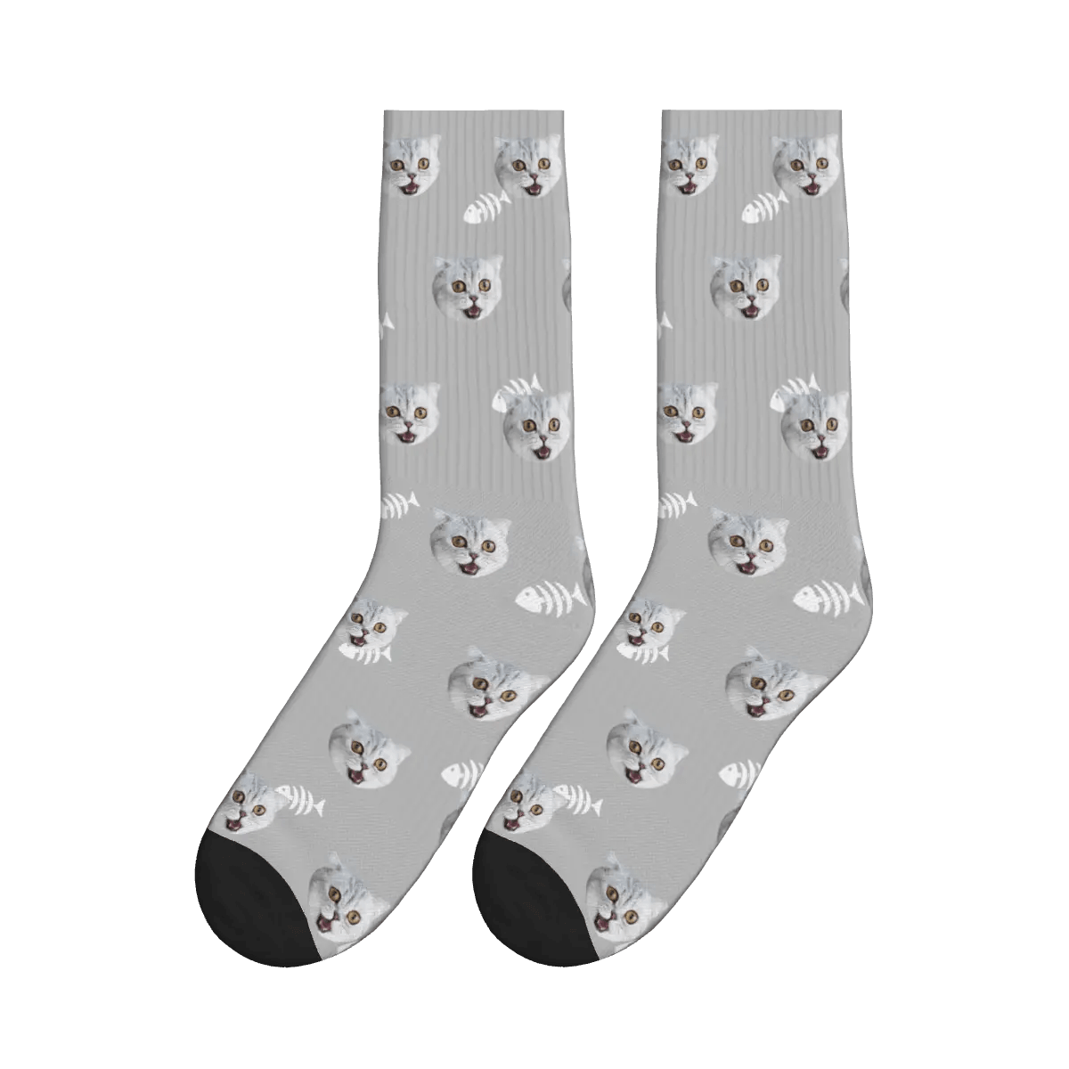 Cute Cat Face & Fishbone Print Socks - Gray / Crew Socks