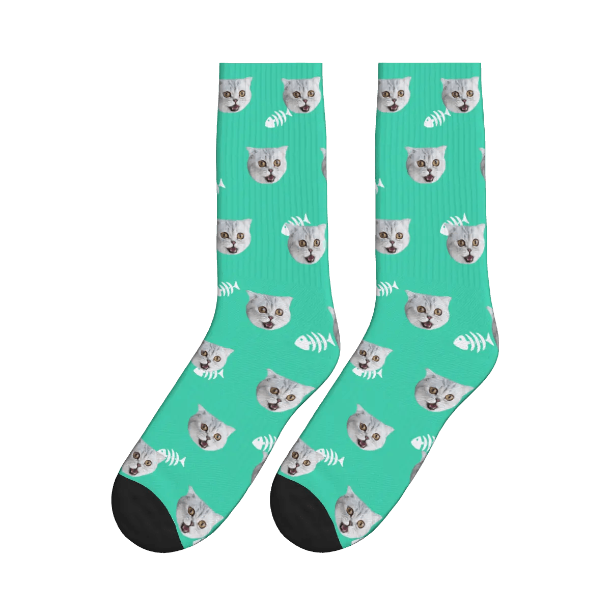 Cute Cat Face & Fishbone Print Socks - Green / Crew Socks