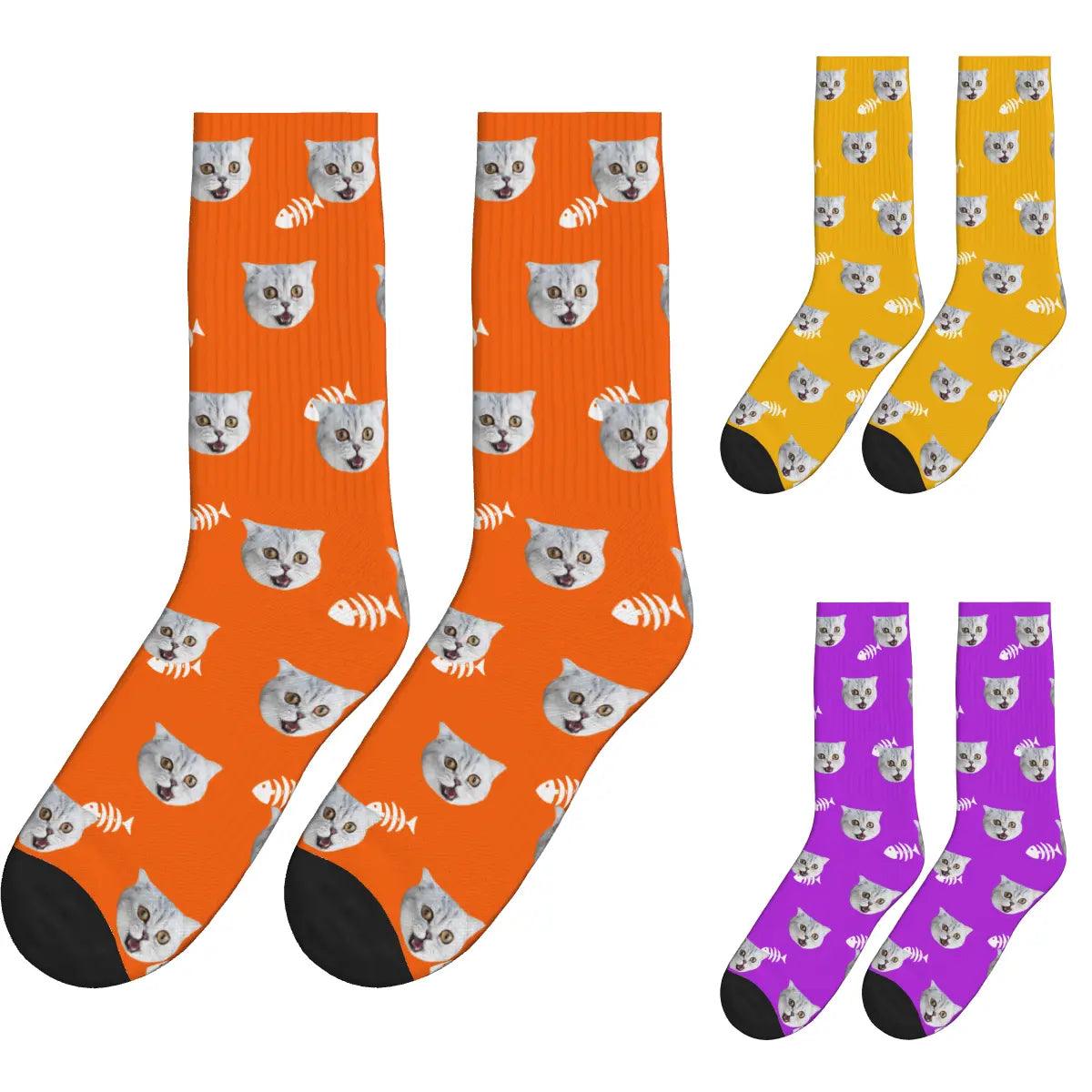 Cute Cat Face & Fishbone Print Socks - Orange, Yellow & Purple / Crew Socks