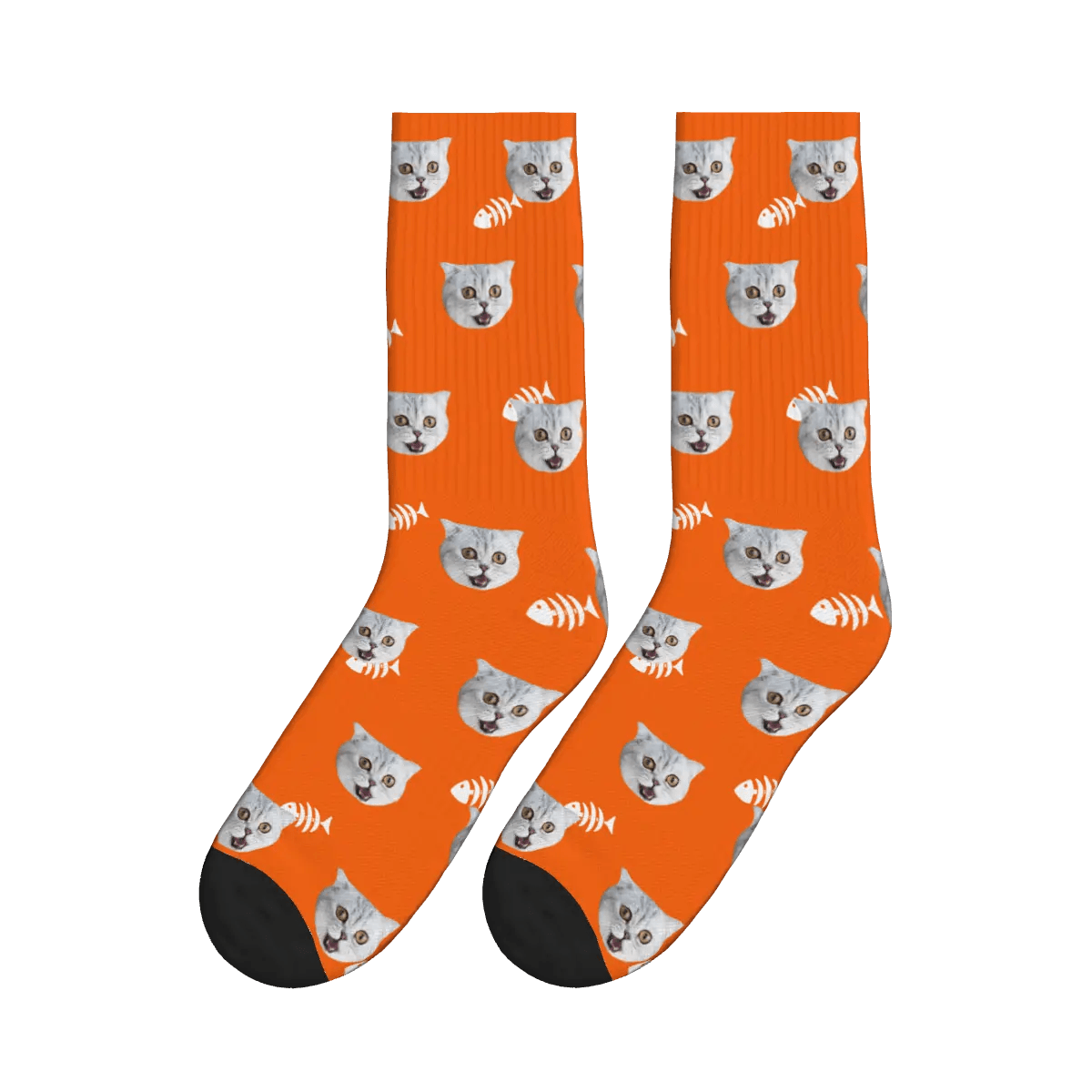 Cute Cat Face & Fishbone Print Socks - Orange / Crew Socks