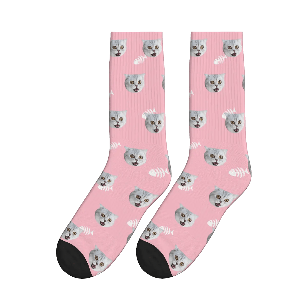 Cute Cat Face & Fishbone Print Socks - Pink / Crew Socks