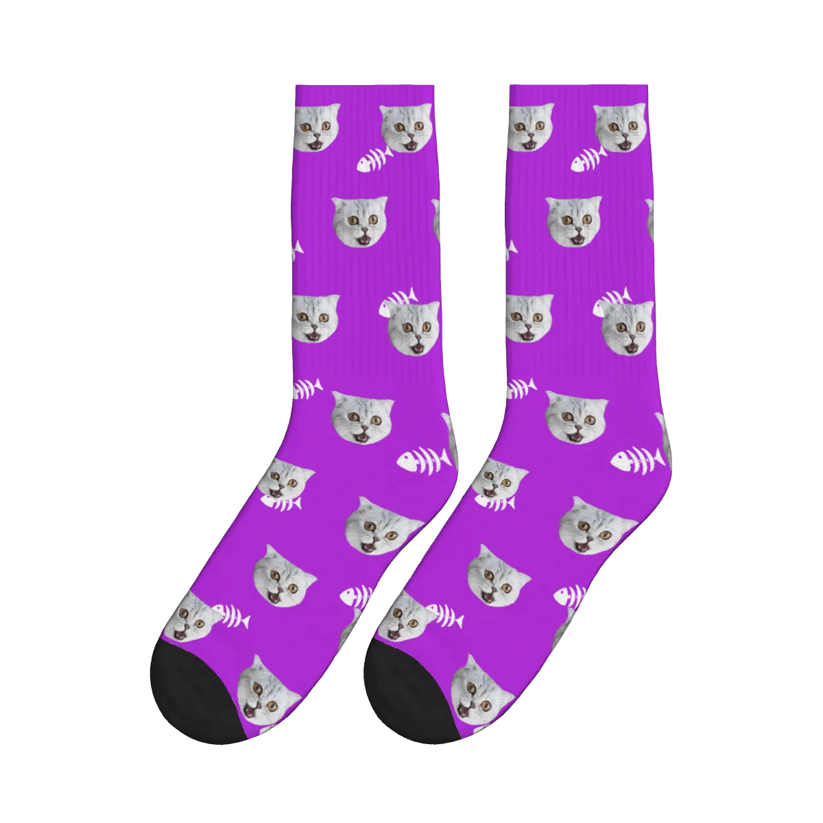 Cute Cat Face & Fishbone Print Socks - Purple / Crew Socks