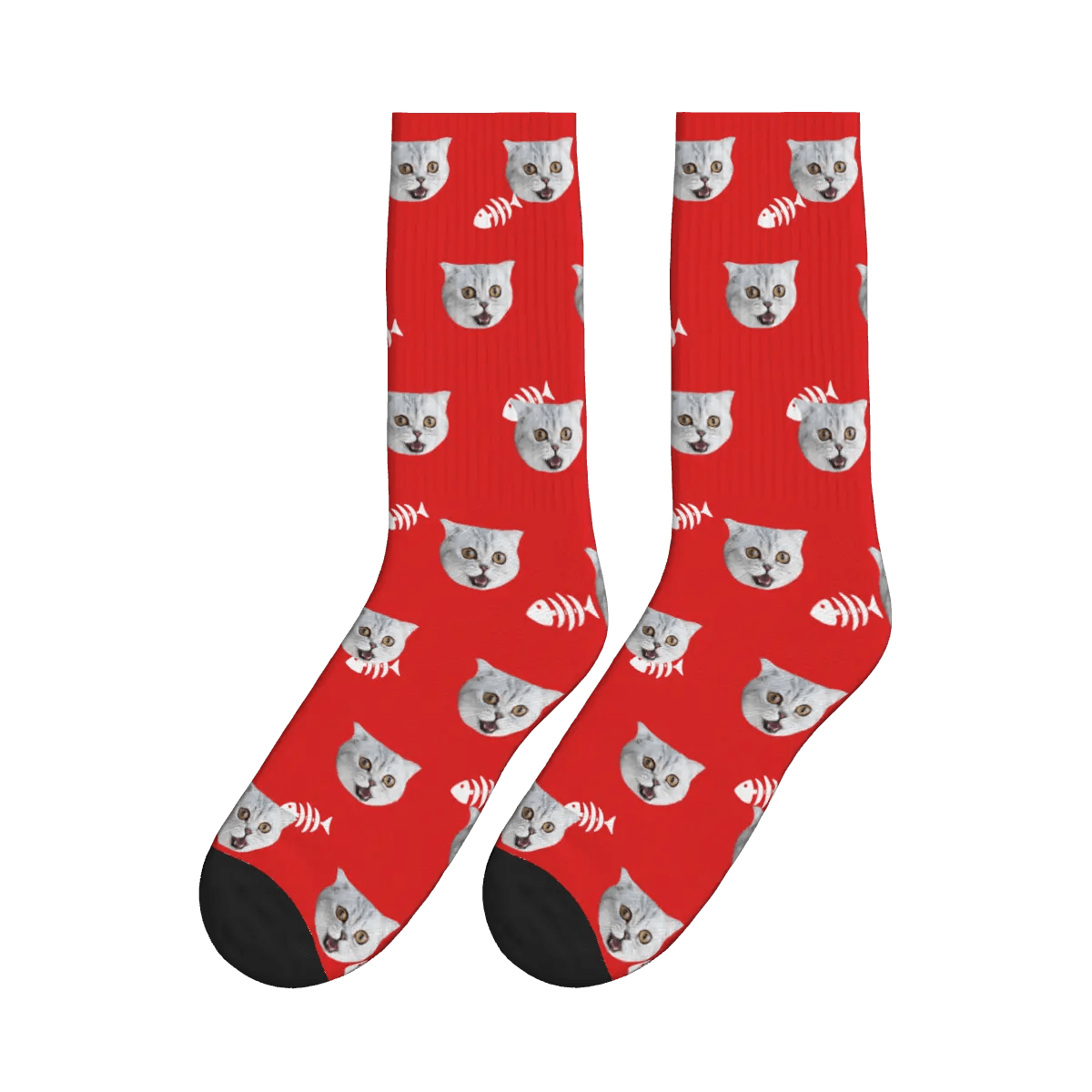 Cute Cat Face & Fishbone Print Socks - Red / Crew Socks