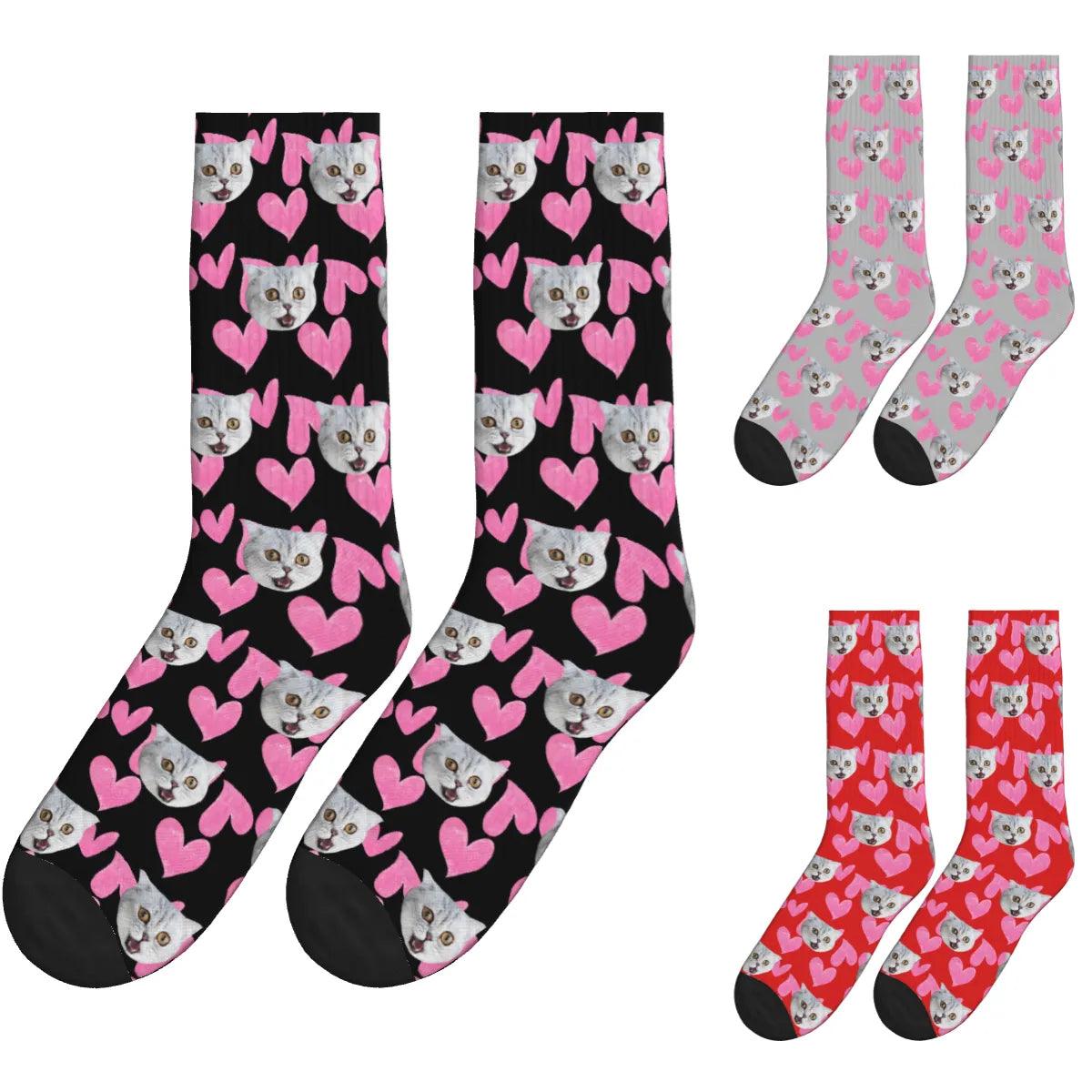 Heart Pattern and Cat Face Print Socks - Black, Gray & Red / Crew Socks