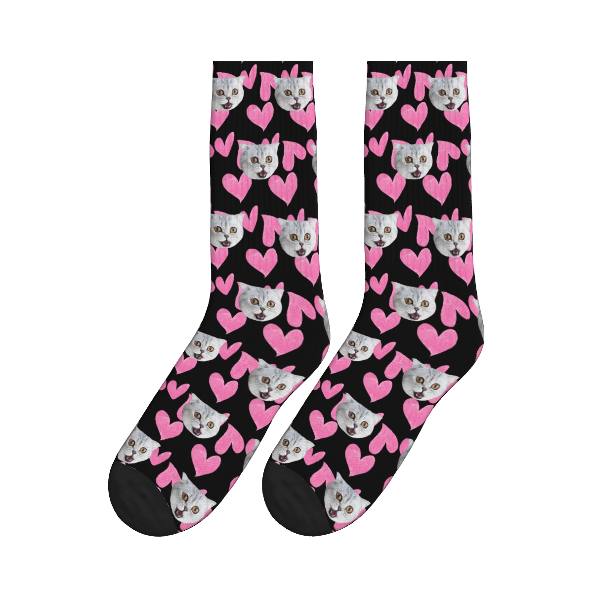 Heart Pattern and Cat Face Print Socks - Black / Crew Socks