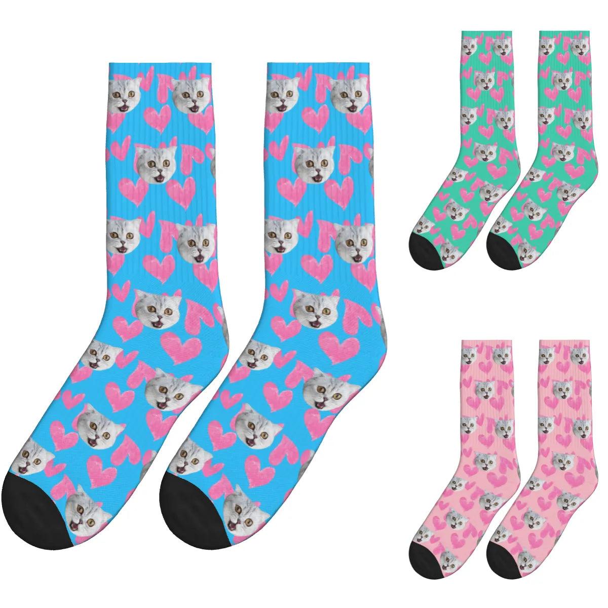 Heart Pattern and Cat Face Print Socks - Blue, Green & Pink / Crew Socks