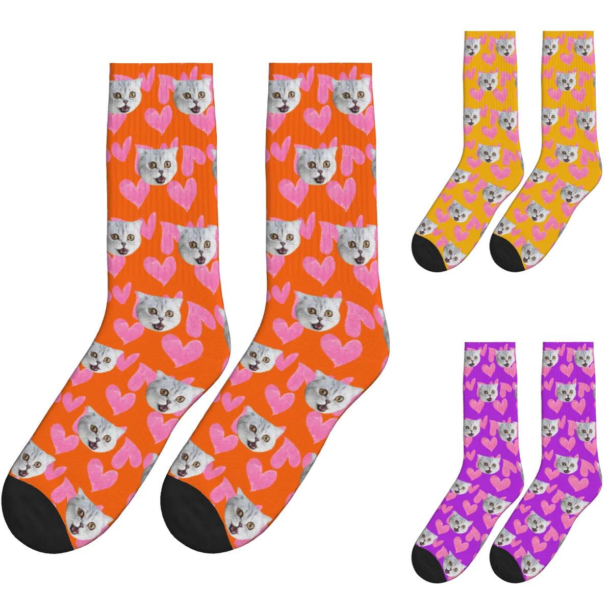 Heart Pattern and Cat Face Print Socks - Orange, Yellow & Purple / Crew Socks