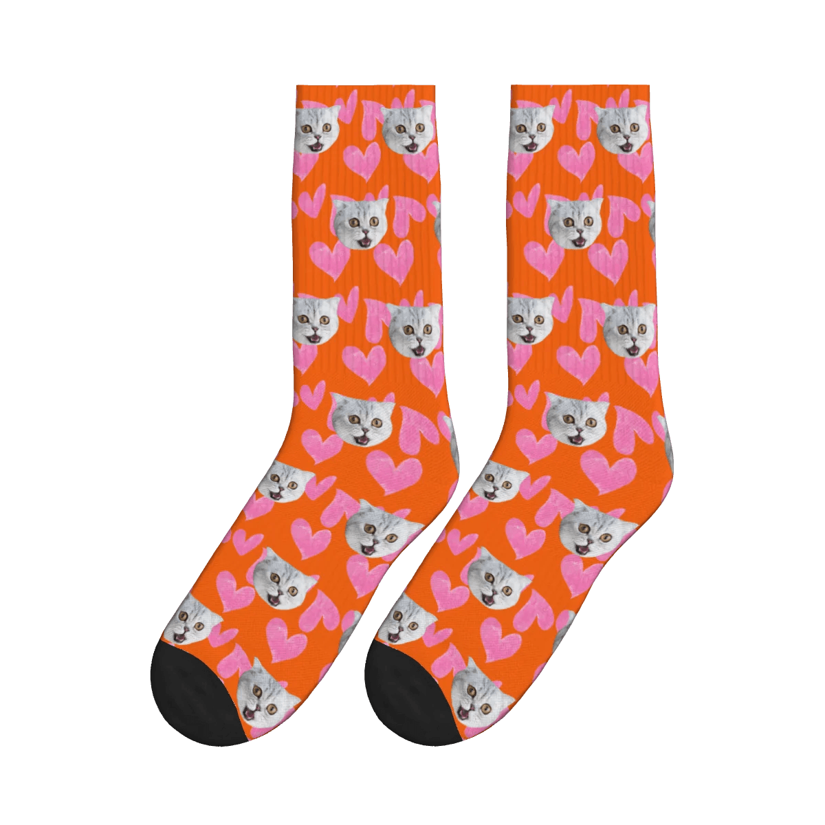 Heart Pattern and Cat Face Print Socks - Orange / Crew Socks