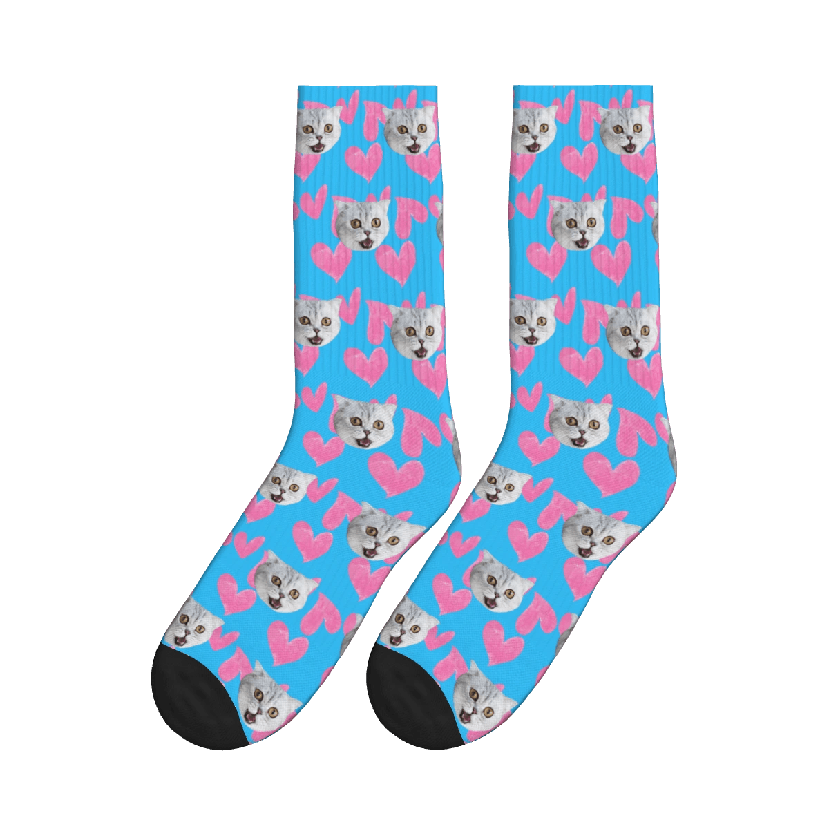 Heart Pattern and Cat Face Print Socks - Blue / Crew Socks