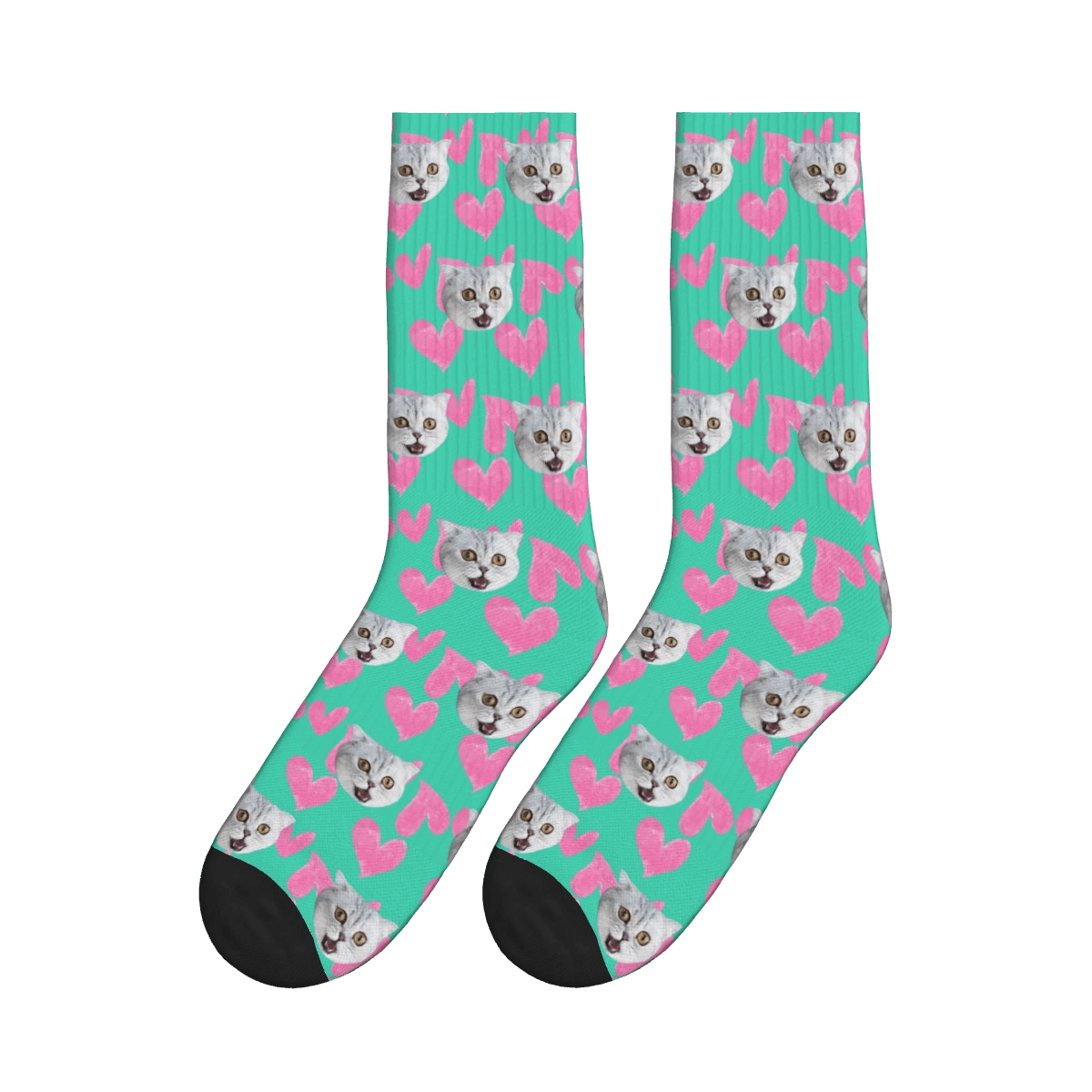 Heart Pattern and Cat Face Print Socks - Green / Crew Socks