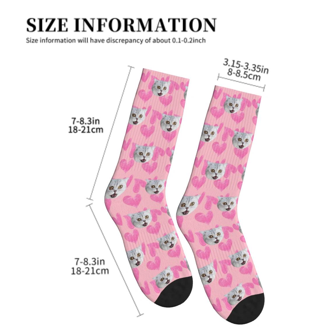 Heart Pattern and Cat Face Print Socks - Pink / Crew Socks