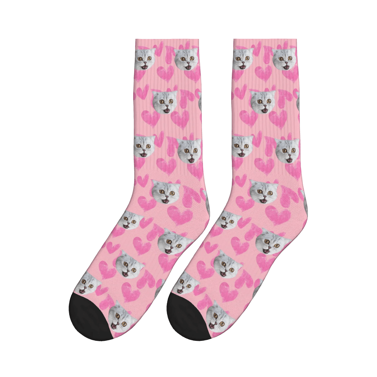 Heart Pattern and Cat Face Print Socks - Pink / Crew Socks