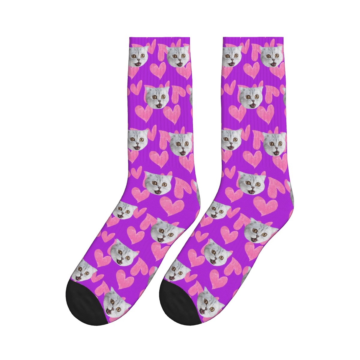 Heart Pattern and Cat Face Print Socks - Purple / Crew Socks