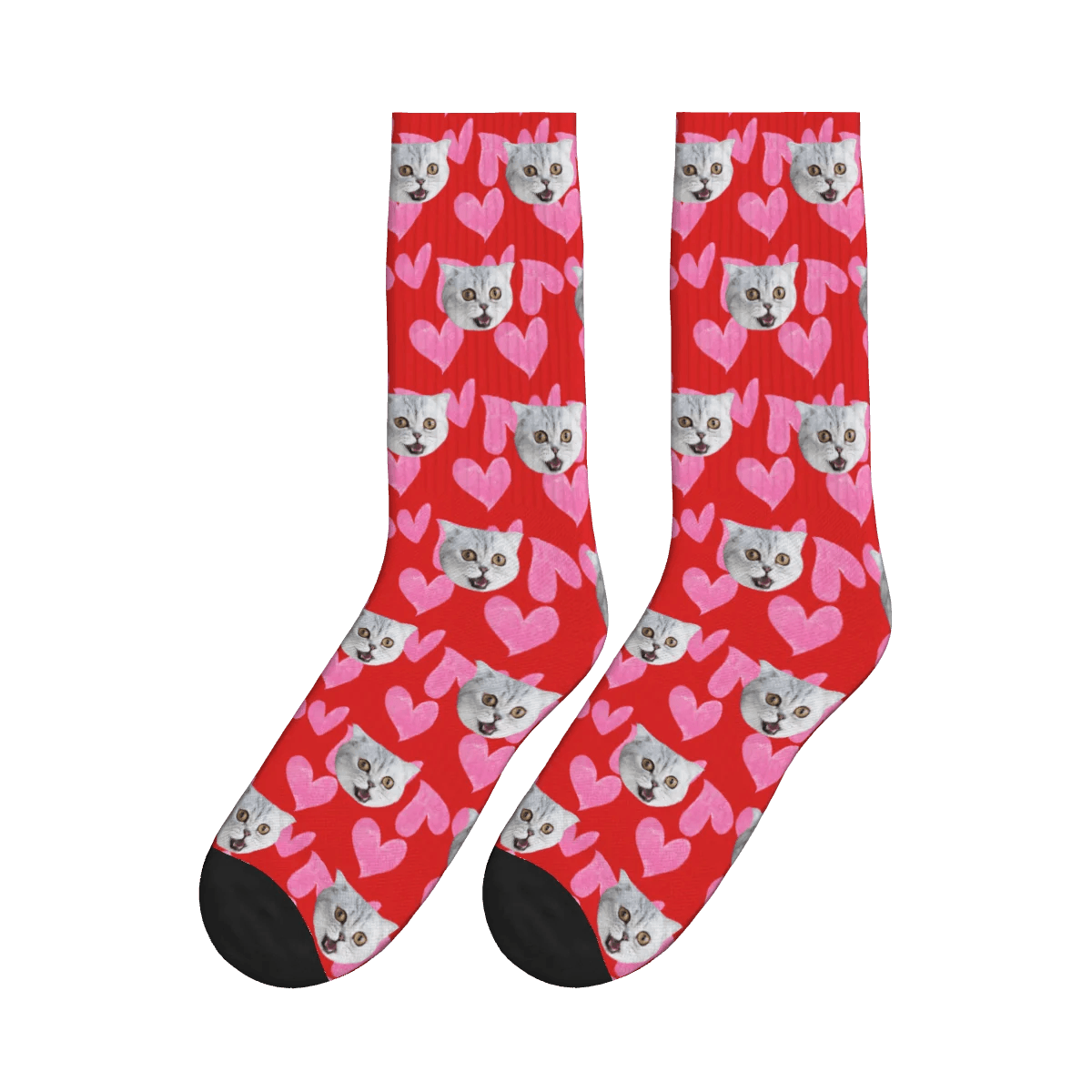 Heart Pattern and Cat Face Print Socks - Red / Crew Socks