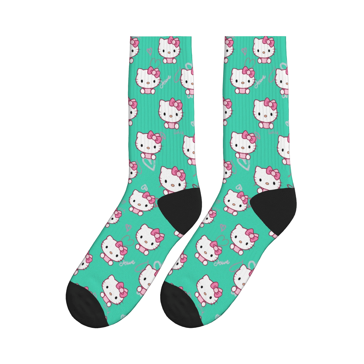 Cute Kitty Heart Socks - Green / Crew Socks