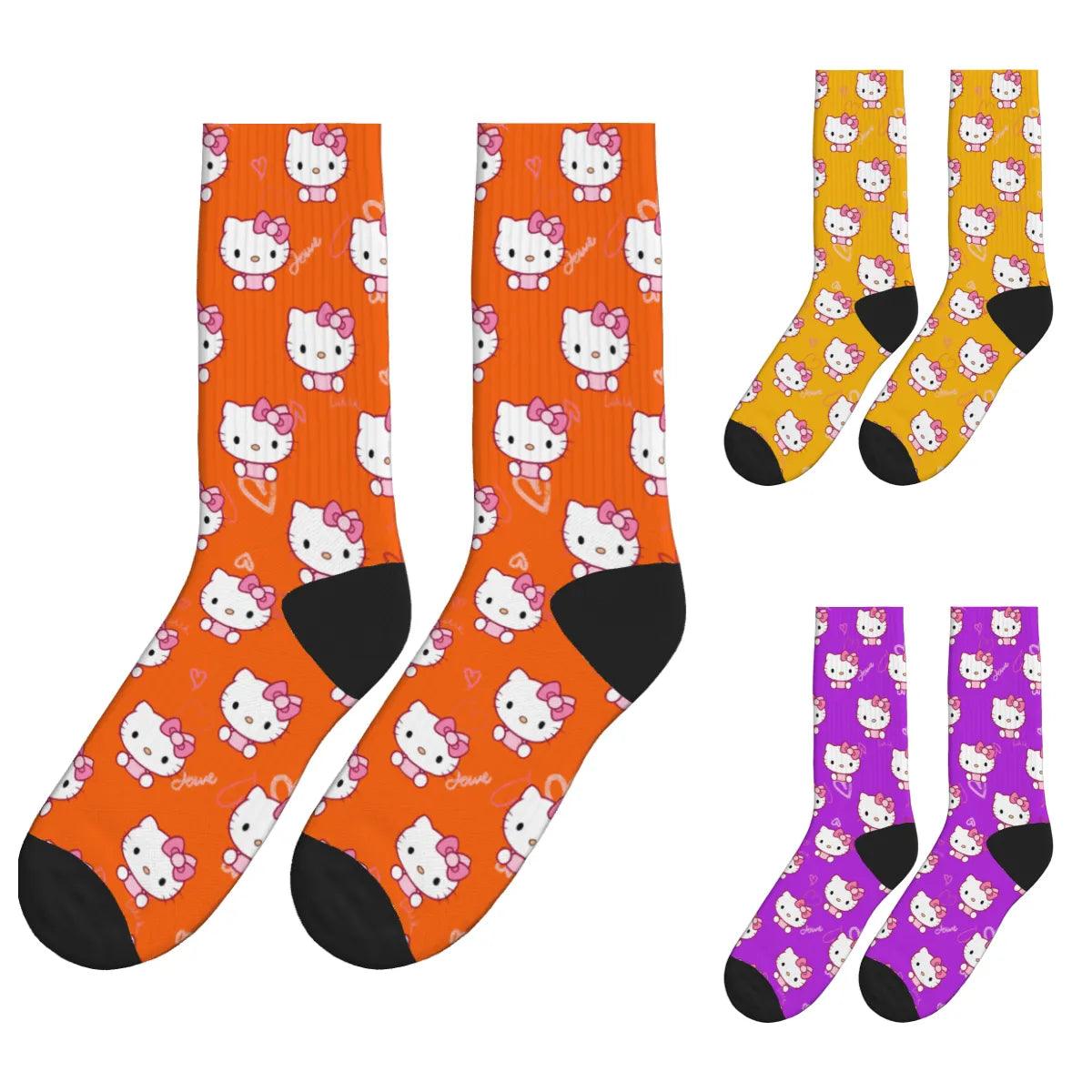 Cute Kitty Heart Socks - Orange, Yellow & Purple / Crew Socks