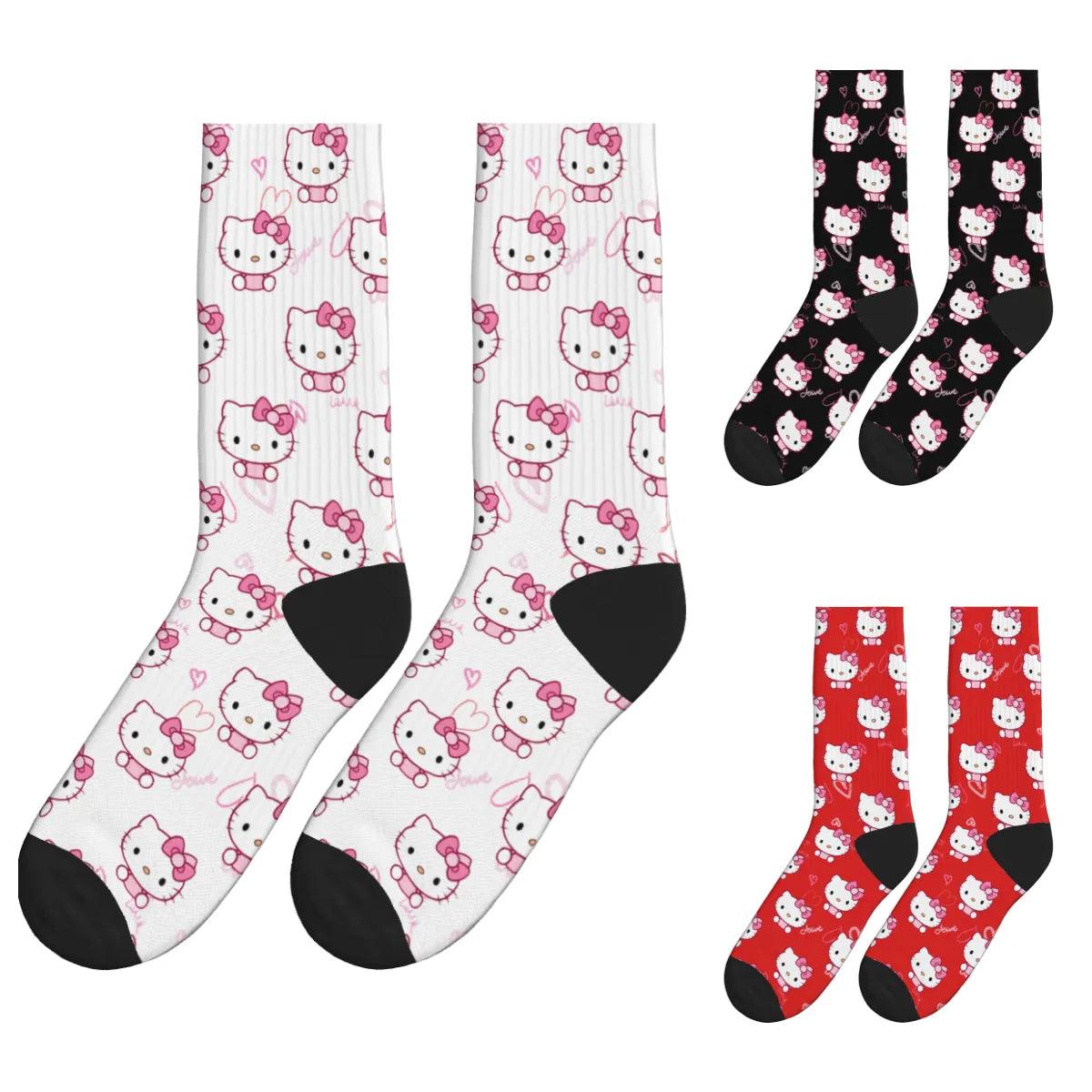 Cute Kitty Heart Socks - Black, White & Red / Crew Socks