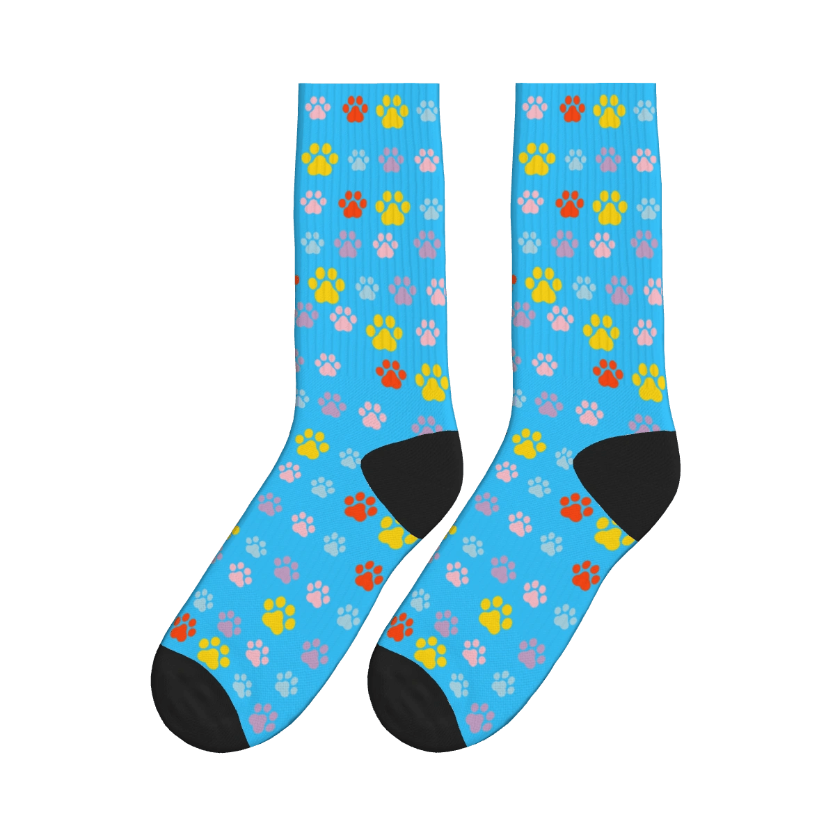 Multi-Colored Cat Paw Print Socks - Blue / Crew Socks