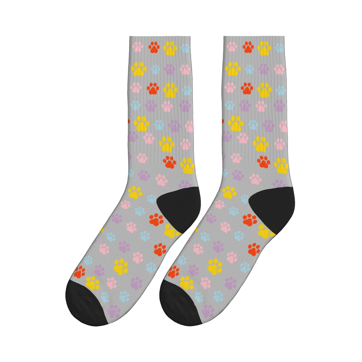 Multi-Colored Cat Paw Print Socks - Gray / Crew Socks