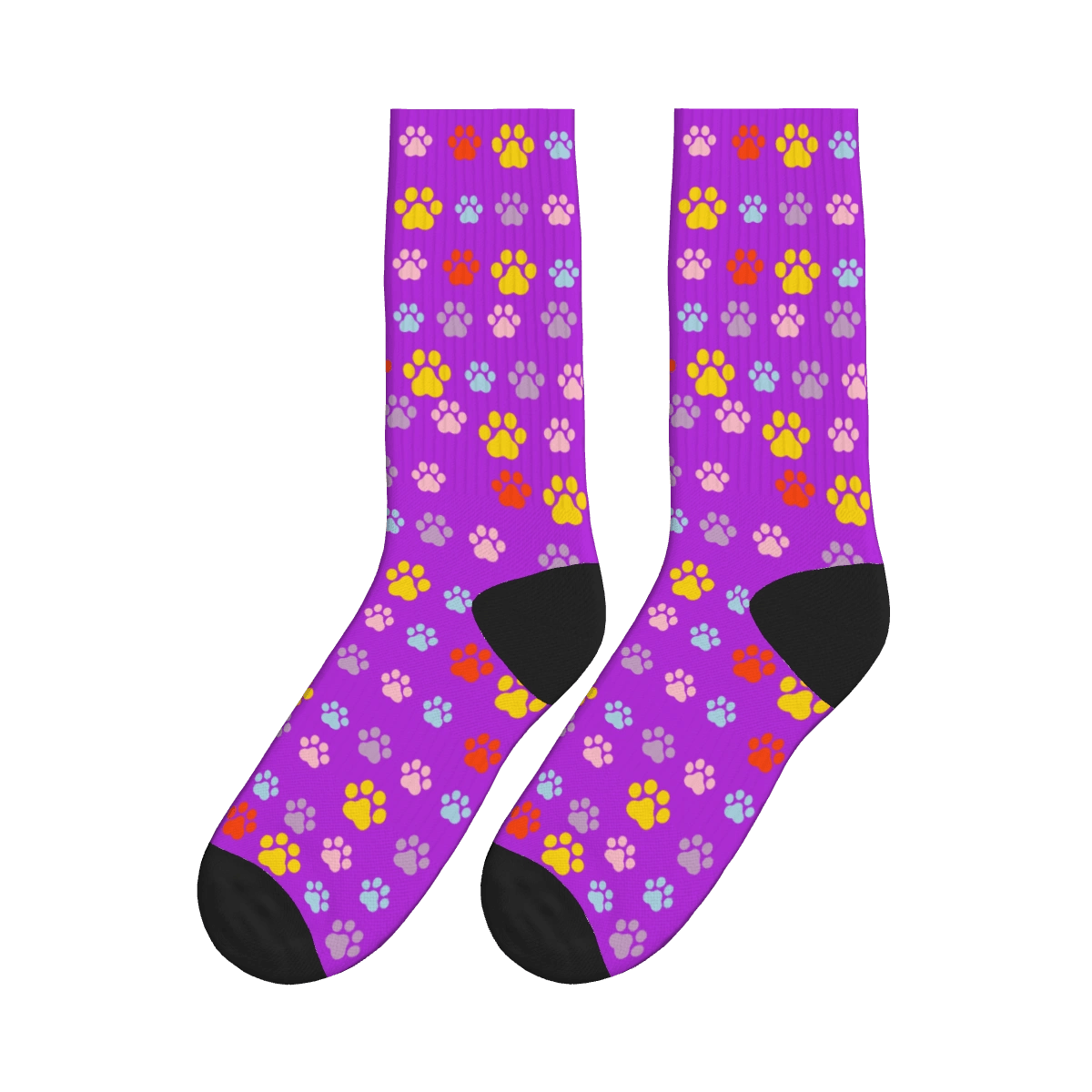 Multi-Colored Cat Paw Print Socks - Purple / Crew Socks