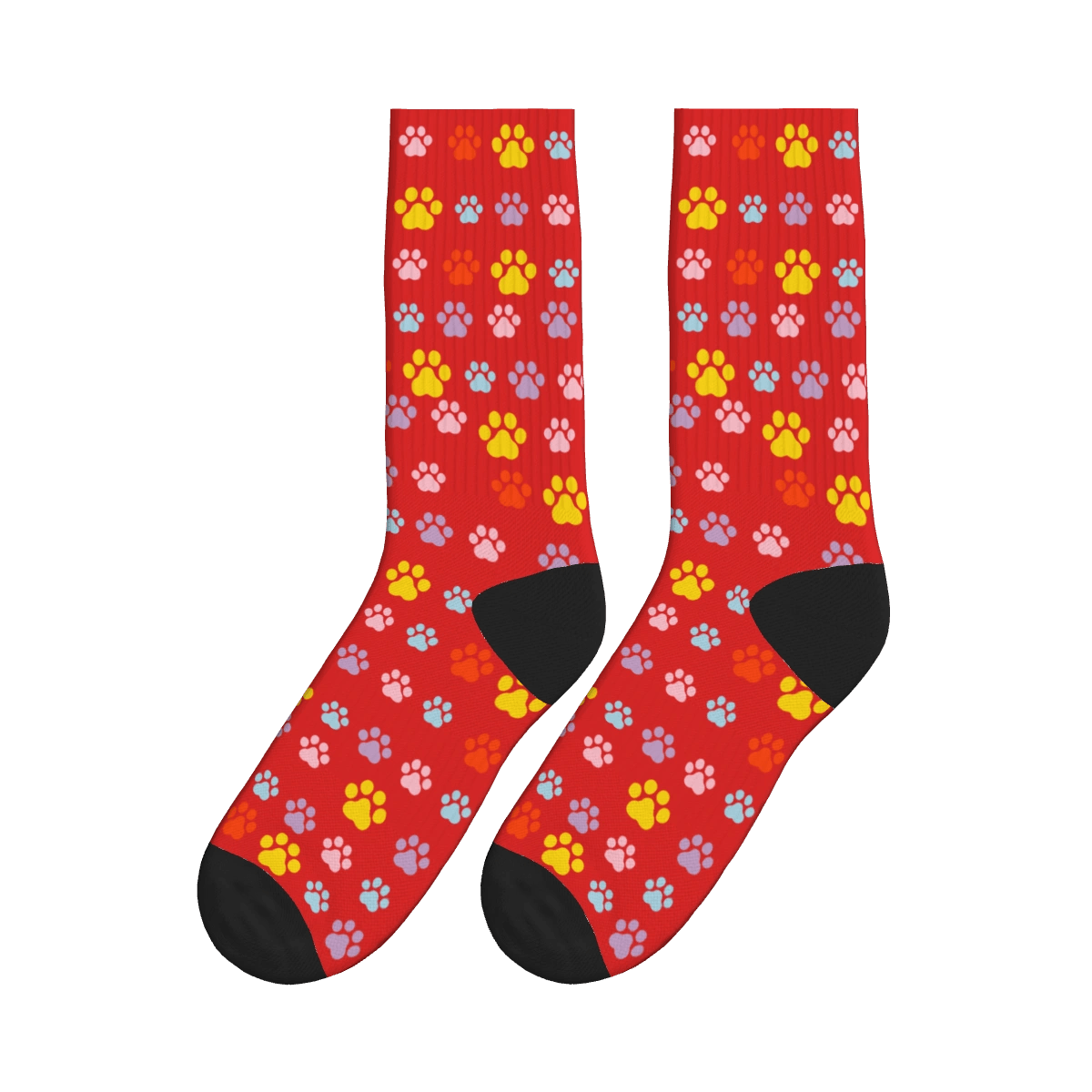 Multi-Colored Cat Paw Print Socks - Red / Crew Socks