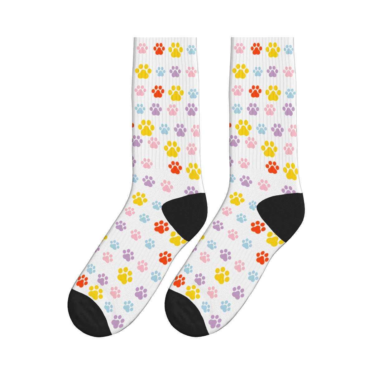 Multi-Colored Cat Paw Print Socks - White / Crew Socks