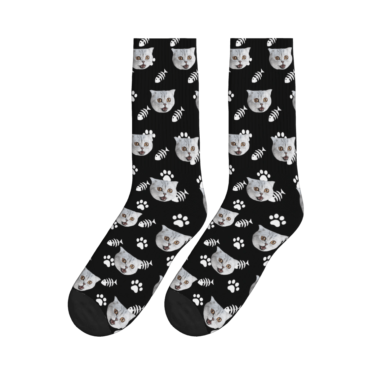 Cat Face, Fishbone, and Paw Print Socks - Black / Crew Socks